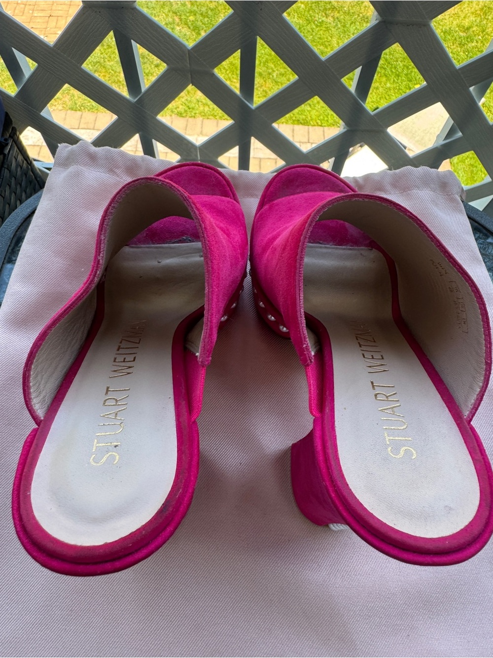 Stuart Weitzman SkyHigh Hot Pink Pearl-Trim Studded Platform Mules Sandals - Picture 5 of 8